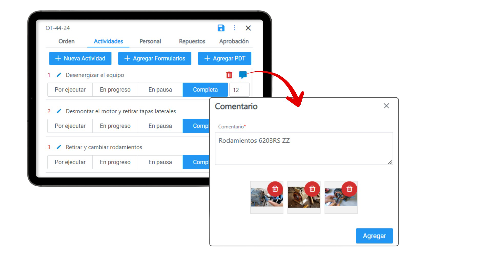 Cargue de evidencias fotograficas y comentarios en ordenes de trabajo en el software de mantenimiento AppingCMMS