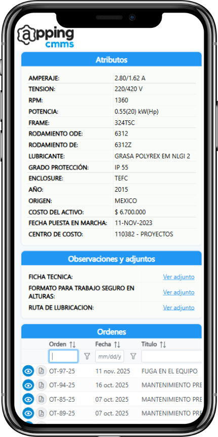 Ficha tecnica de activo digitalizada QR AppingCmms